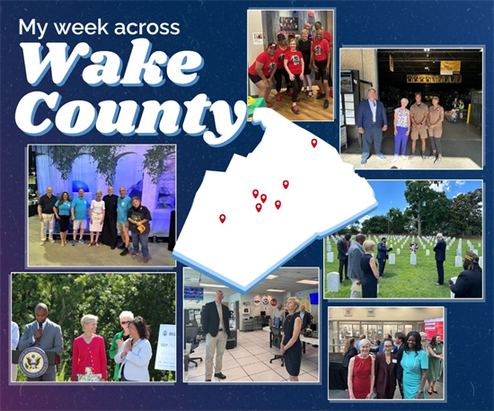 Graphic with photos from the Congresswoman's time in Wake County and a map with pins from their location