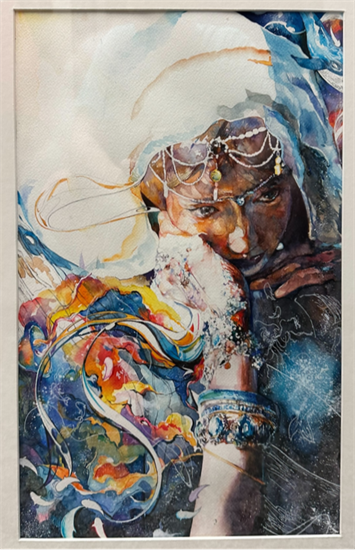 Watercolor painting of a woman looking off into the distance wearing colorful jewerly against a colorful abstract background